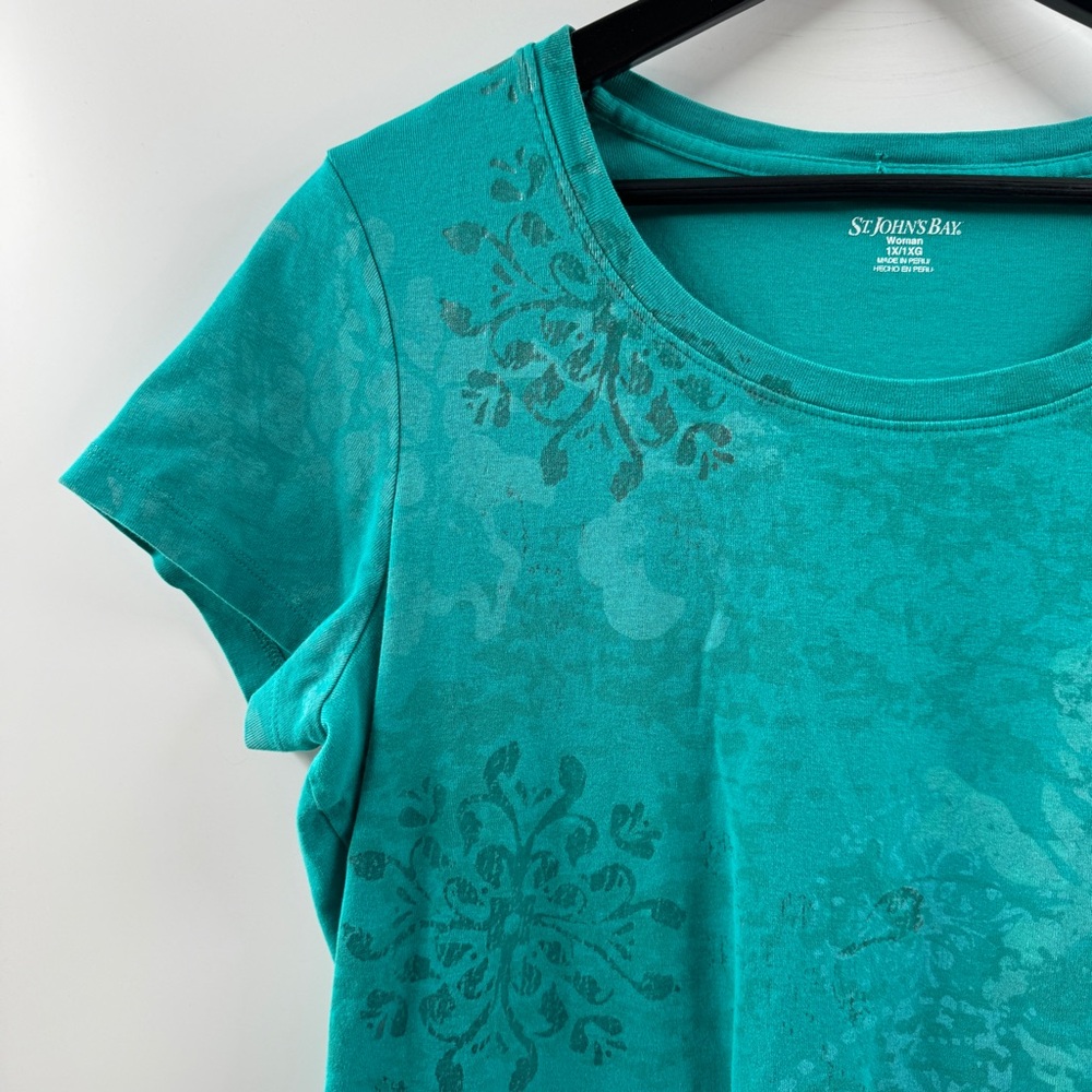 St. John’s Bay Teal Floral Scoop Neck Top Women’s Size Large - Picture 2 of 5
